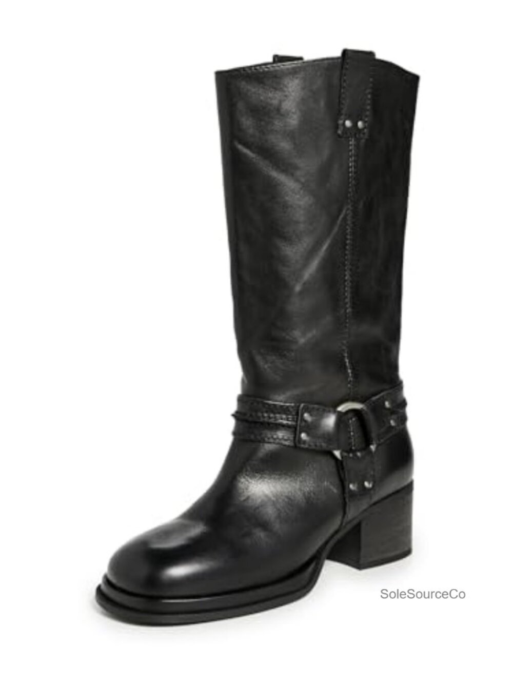 Leather Chunky Heel Knee-High Harness Moto Boots Round Toe